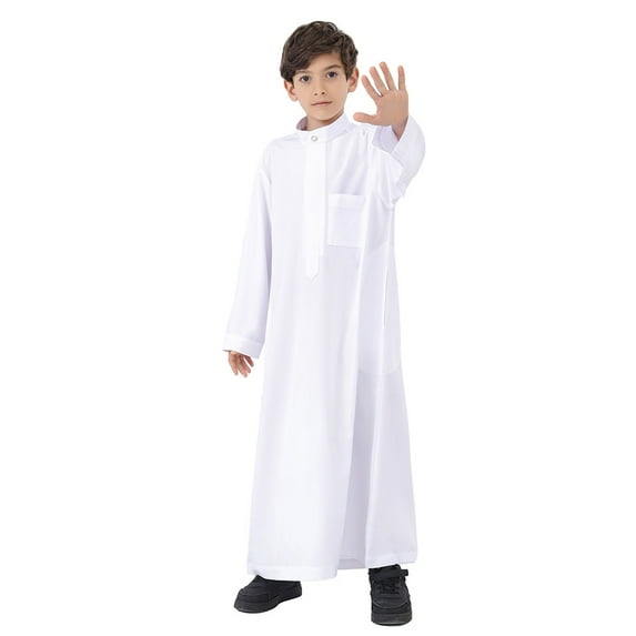 Kids Robes Long Maxi Shirts Ramadan Clothes For Arabic Thobe Long Sleeve Kaftan Crew Robe Teenage Boys Long Sleeve Embroidered Robe Set Arab Children'S Wear Robe White 5-6 Years