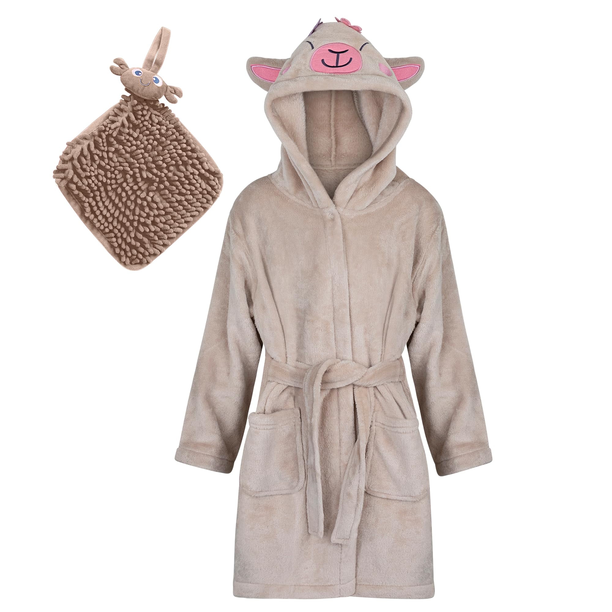 Kids Beige Fleece Hooded Bathrobe with Llama Design