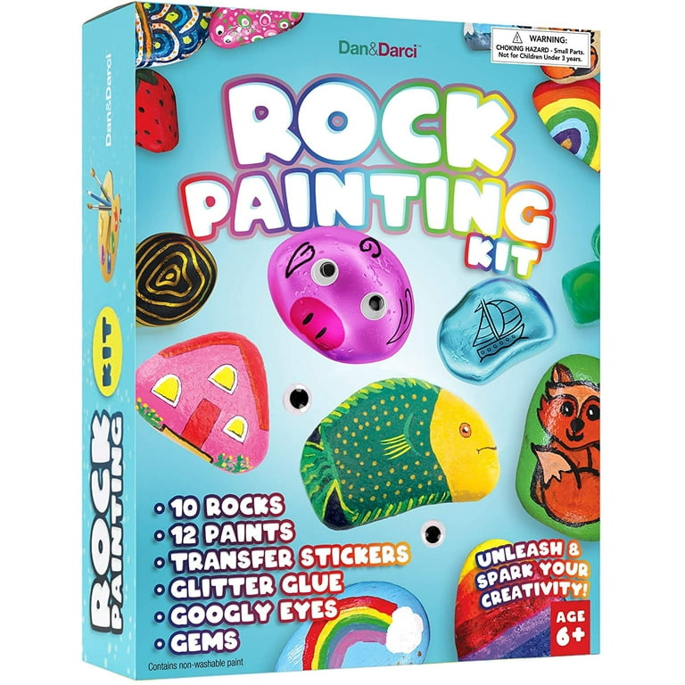 Joyin 12 Rock Painting Kit, 43 Pcs Arts and Crafts for Kids Ages 6-8+, Art Supplies with 18 Paints (Glow in The Dark & Metallic & Standard), Craft