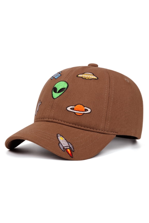 Kids' Rocket & Alien Embroidered Baseball Cap, Space-Themed Sun Hat with Adjustable Strap, 2-3 Years Coffee 2 Years-3 Years