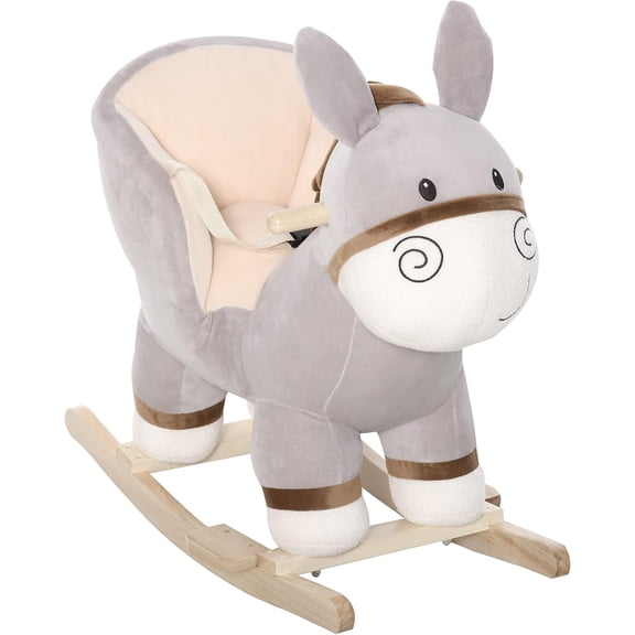Kids Rocking Chair, Plush Ride On Rocking Horse Donkey with Sound, Wood Base Seat, Safety Belt, Baby Toddler Rocker Toy for 18-36 Months, Gray