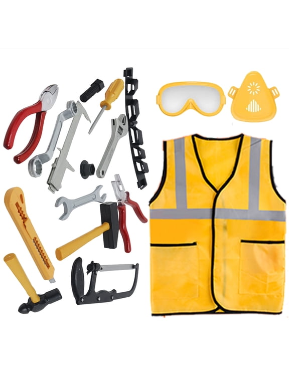 Kids Role Play Costume Set, 17pk Construction Worker Outfit for Toddlers Birthday Christmas Present, Builder Kit with Goggles, Mask, Tool Belt, Vest, and More for Pretend-Play, Dress up, School Play