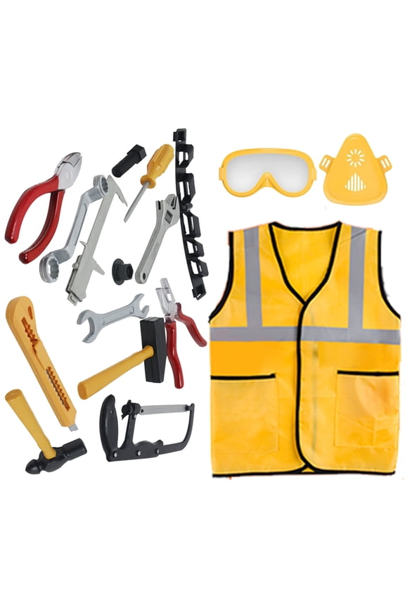 Kids Role Play Costume Set, 17pk Construction Worker Outfit for Toddlers Birthday Christmas Present, Builder Kit with Goggles, Mask, Tool Belt, Vest, and More for Pretend-Play, Dress up, School Play