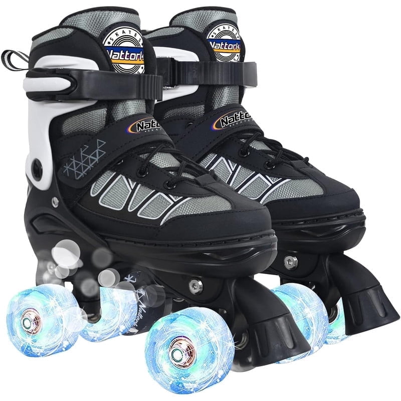Kids Roller Skates for Boys, Black Adjustable Rollerskates with Light up Wheels for Teens Youth, Birthday Gift for Beginner Outdoor Sports
