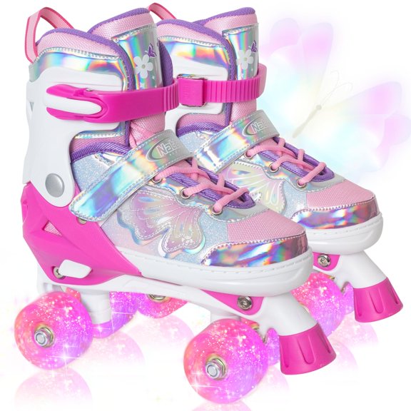 Kids Roller Skates for Girls Boys - Rose Red Butterfly for Big Kids - Adjustable All Light up Wheels Indoor Outdoor Sports Birthday Gift
