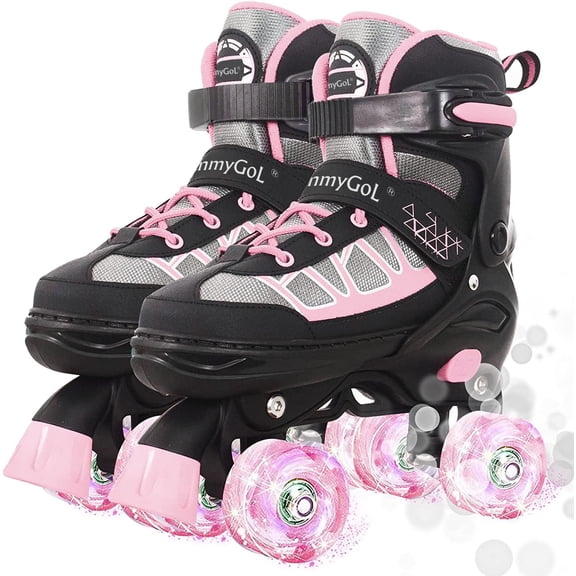 Kids Roller Skates for Girls, Pink Adjustable Rollerskates with Light up Wheels for Big Kids, Birthday Gift for Beginner Outdoor Sports