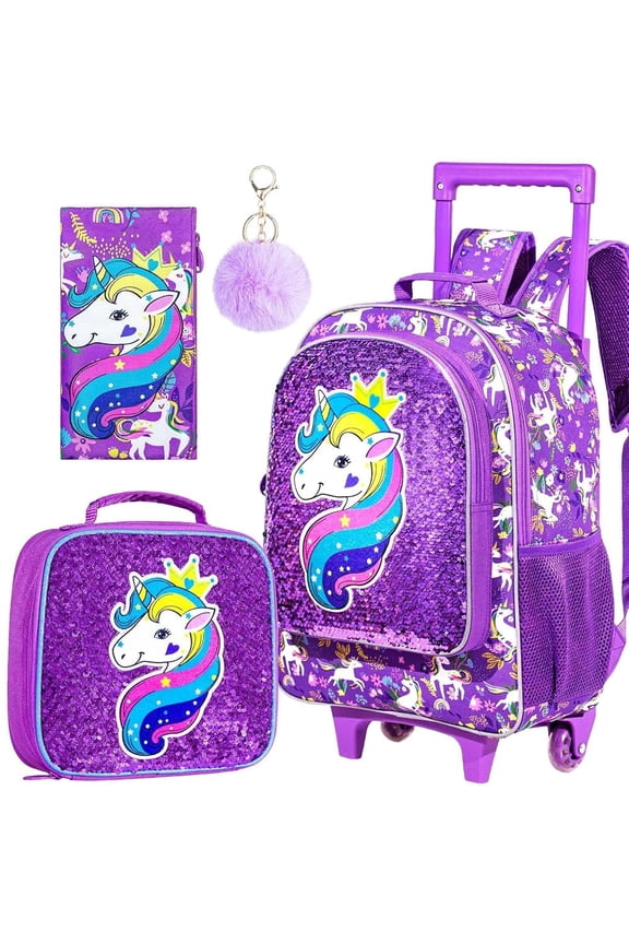 Kids Rolling Backpack for Girls, Roller Wheels Bookbag - Wheeled Elementary Sequin School Bag - 3PCS Unicorn Purple