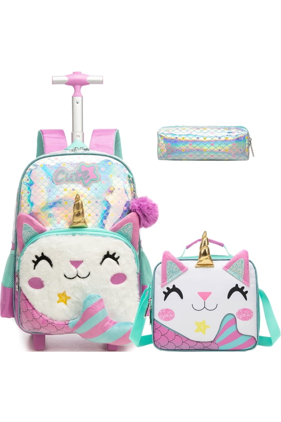 Kids Rolling Backpack for School Girls Pink Roller Backpacks with Wheels Wheeled Bookbag Lunch Box Pen Bag for Elementary Students Ages 6-12