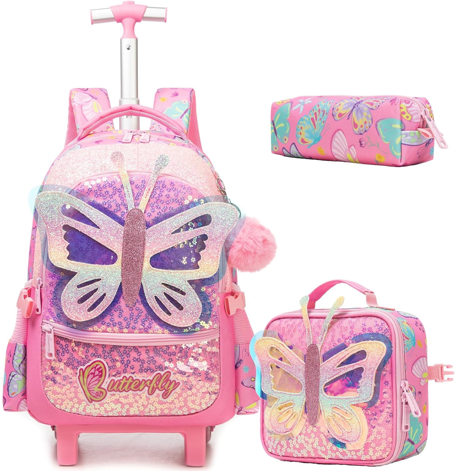 Kids Rolling Backpack for School Girls with Wheels Lunch Bag Pen Case ...