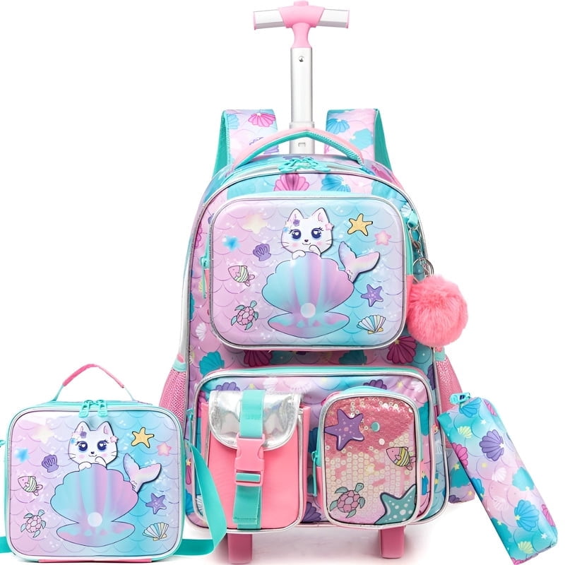 Kids Rolling Backpack for School Girls with Wheels Wheeled Bookbag with Lunch Box Pencil Case Kids Roller Luggage for Ages 6-8