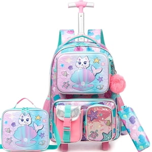 Mochila con ruedas para niñas, con lonchera y estuche para lápices, para edades de 6 a 8 años