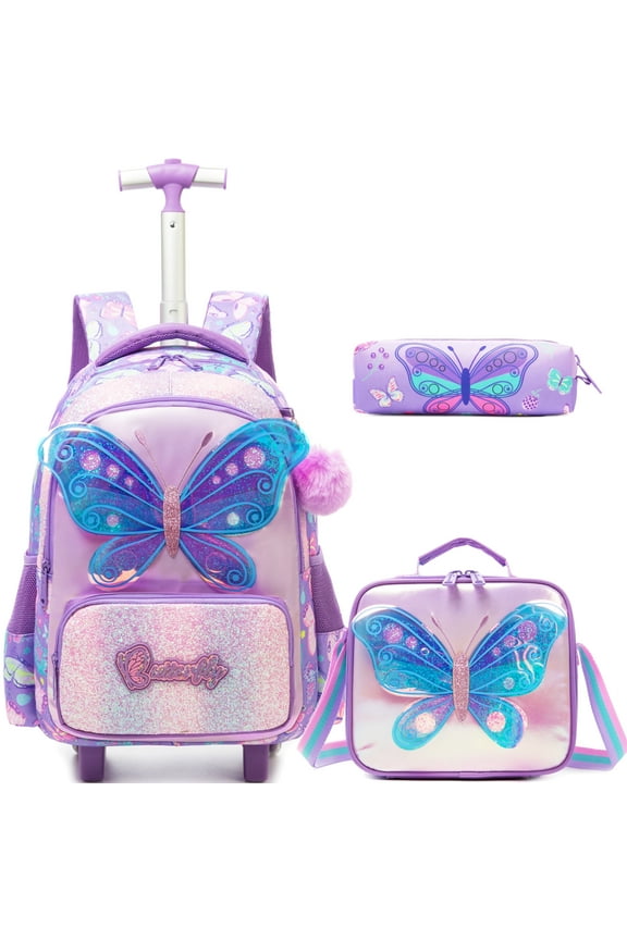 Kids Rolling Backpack for Girls with Wheels Cute Rolling Backpacks with Lunch Box Pen Bag for Pupil Bookbag Ages 6-12 Purple Butterfly