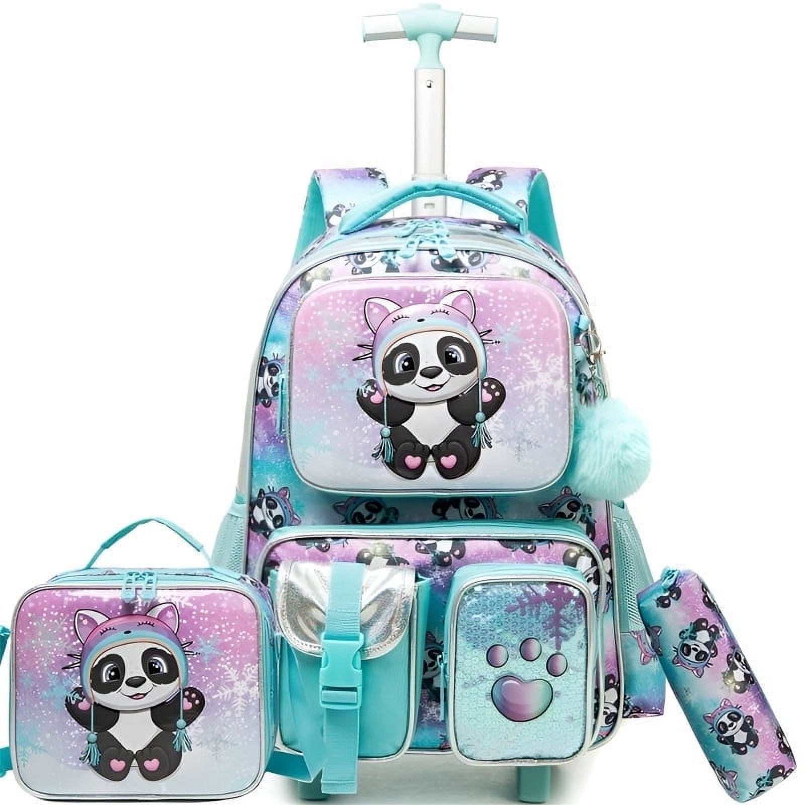 Kids Rolling Backpack for Girls Cute Roller Backpacks for School with Lunch Box Trolley School Bag for Elementary Bookbag Ages 8-10