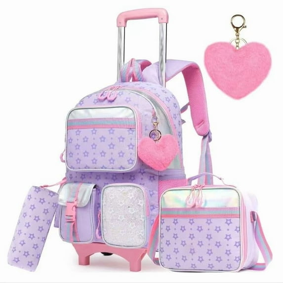 Kids Rolling Backpacks for Girls with Wheels Roller Backpack with Lunch Bag Pencil Case for Elementary Students Bookbag for 6-12 Years Old
