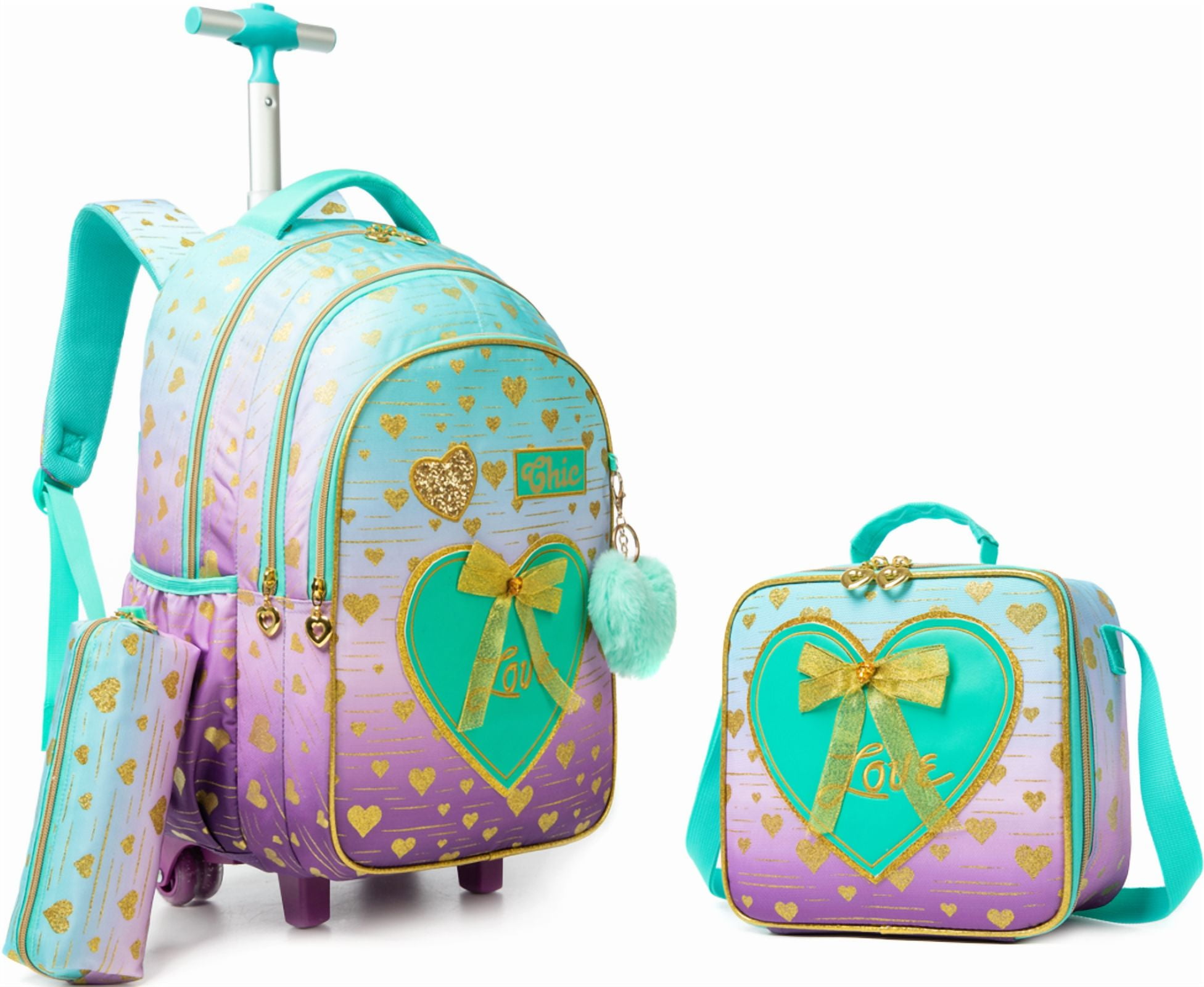 Kids Rolling Backpacks for Girls with Wheels Roller Bookbag with Lunch Box Pencil Case for Elementary Student Age 8-10 Green