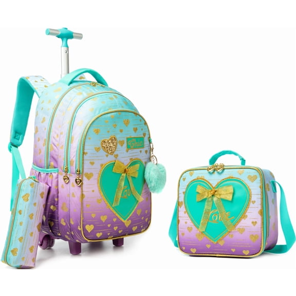 Kids Rolling Backpacks for Girls with Wheels Roller Bookbag with Lunch Box Pencil Case for Elementary Student Age 8-10 Green