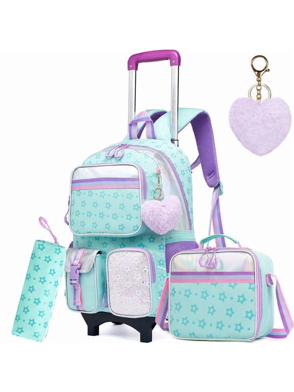 Kids Rolling Backpacks for Girls with Wheels Wheeled Backpack for School with Lunch Box Pencil Case Cute Bookbag Age 8-10