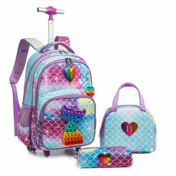 Kids Rolling Backpacks for Girls with Wheels for Elementary School Students Kids Trolley Suitcase with Lunch Box Pencil Case Bookbag Age 8-10
