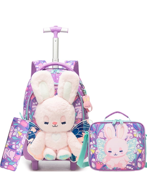 Kids Rolling Backpacks for School Girls Roller Backpack with Wheels Bookbag with Lunch Box Pencil Case for Elementary Students Ages 6-12