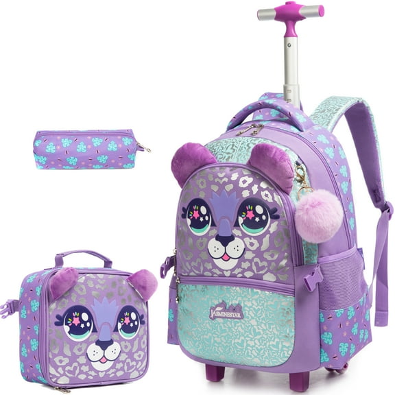 Kids Rolling Backpacks for School Girls with Wheels Backpack with Lunch Bag Pencil Case for Elementary Students Ages 6-12
