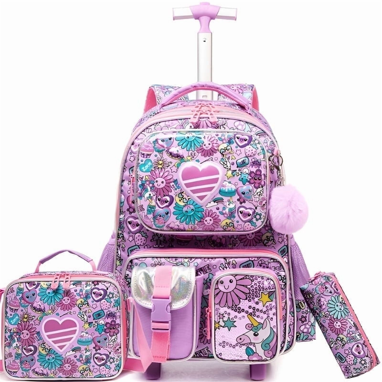 Kids Rolling Backpack for Girls with Wheels Roller Backpacks with Lunch Bag Pencil Case Cute Wheeled Bookbag for Ages 8-10