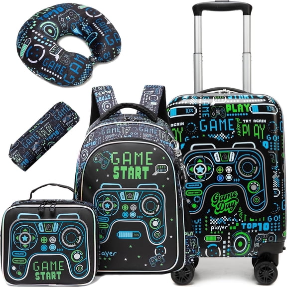 Kids Rolling Luggage Sets for Boys 5 Piece Suitcase Set with Travel Pillow Hardshell Suitcases with Wheels Airline Approved 16 inch