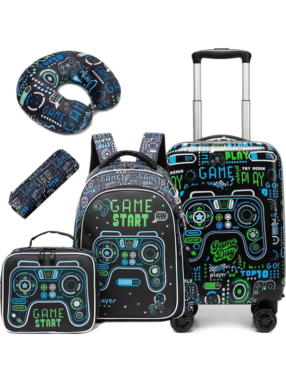 Kids Rolling Luggage Sets for Boys 5 Piece Suitcase Set with Travel Pillow Hardshell Suitcases with Wheels Airline Approved 16 inch
