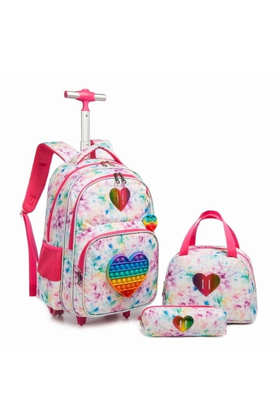 Kids Rolling School Backpack for Girls with Wheels Carry on Roller Suitcase with Lunch Box Pencil Case for Pupil Bookbag Age 8-10