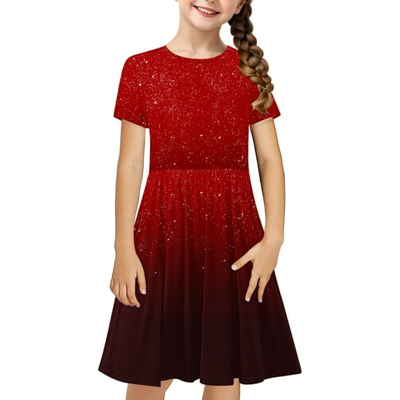 Kids Romper Dress Girls Dresses Short Sleeve Gradient Skater Casual Sundress T-Shirt Midi Dress Girls Fall Maxi Dress Red 4Y