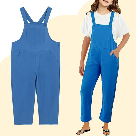 Kids Romper Jumpsuit Girls Overalls Kids Casual Sleeveless Girls Loose Rompers with Pockets Blue Jumpsuits Back to School Clothes 4-5 Years