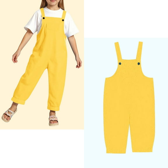 Kids Romper Jumpsuit Girls Overalls Kids Casual Sleeveless Girls Loose Rompers with Pockets Yellow Jumpsuit Girls 9-10 Years Summer Clothes