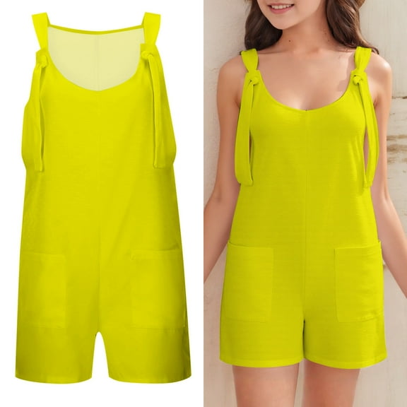 Kids Romper Jumpsuit Girls Overalls Kids Casual Sleeveless Girls Overalls with Pockets Yellow Jumpsuits Clothes for 7-8 Years Old Girls
