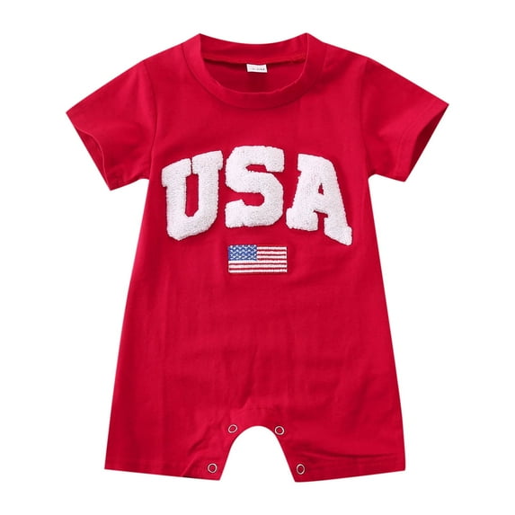 Kids Rompers Boys Girls Short Sleeve Independence Day Letter Print Romper Girls' Jumpsuit Red 12 Months-18 Months