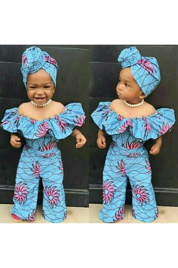 Kids Rompers Girl Harem Jumpsuit Off Shoulder Dashiki Print Romper Matching Fabric Headband Infant Baby Girls African Style Two Piece Outfit Blue 70