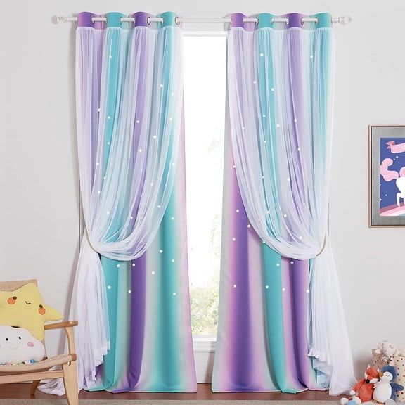 Kids Room Decor for Girls, White Mosquito Net & Blut Drapes Assembled, Mix & Match Star Cut Curtain Panels with Versatile Styling Options (Teal & Purple, Each is W52 x L84, Sold by 1 PCs)