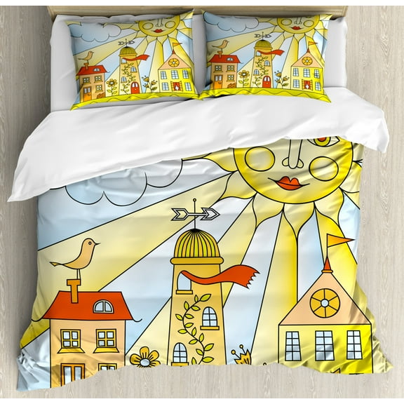 Kids Room Duvet Cover Set Queen Size, Childlike Drawing of City under Smiling Sun Cartoon Houses Garden Cloud Nursery, Decorative 3 Piece Bedding Set with 2 Pillow Shams, Multicolor, by Ambesonne