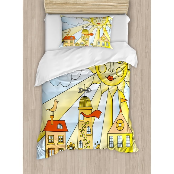 Kids Room Duvet Cover Set Twin Size, Childlike Drawing of City under Smiling Sun Cartoon Houses Garden Cloud Nursery, Decorative 2 Piece Bedding Set with 1 Pillow Sham, Multicolor, by Ambesonne