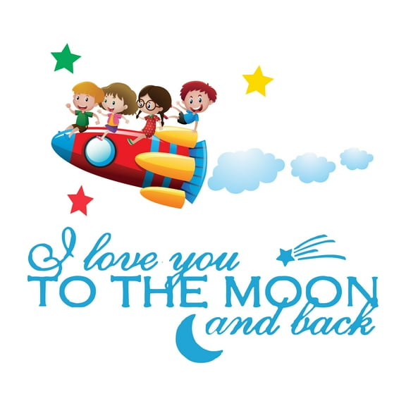 Kids Room Space Decor Rocket Wall ArtWall Decal Decoration I love you to the Moon & back Adventurous Space Cartoon Space Decorating Ideas for Child's Bedroom Size: 20 In(W) x 18 In(H)