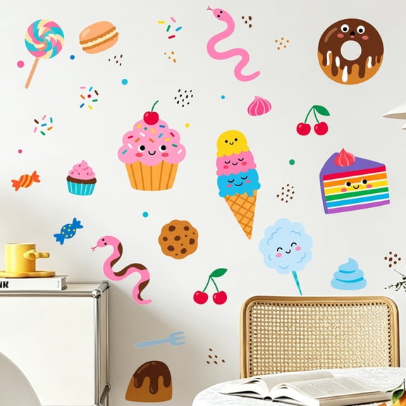 Kids Room Wall Decor, Wall Decals Peel and Stick, Kids Bedroom Decor, Cupcake Decorations, Whimsical Illustrated Sweet Treat Wall Decal Set That Leaves No Sticky Residue After
