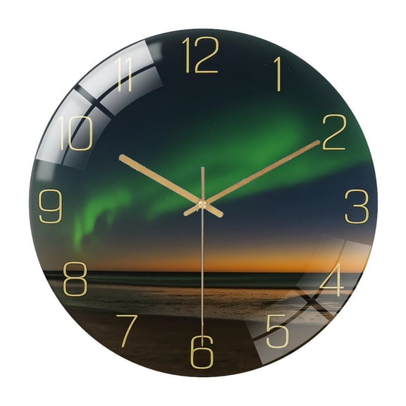 Kids RoomDecor Clock: 12 Inch Modern Glass Wall Clock, Aesthetic Black And Gold Bathroom Decor Accessories, Silent Battery Operated Decorative Aurora- Clocks for Living Room、Kitchen、Office、Bedroom