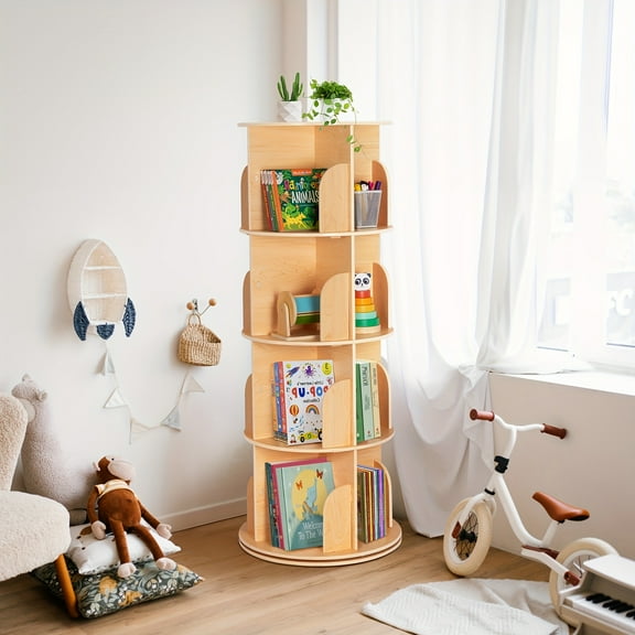 Kids Rotating Bookshelf Tower with 360° Spin, Large Floor-Standing Bookcase with Corner Shelf for Nursery, Room, Small Spaces - Easy Assembly, Wood Color, Plywood/Pine/MDF, - Rounded Edges