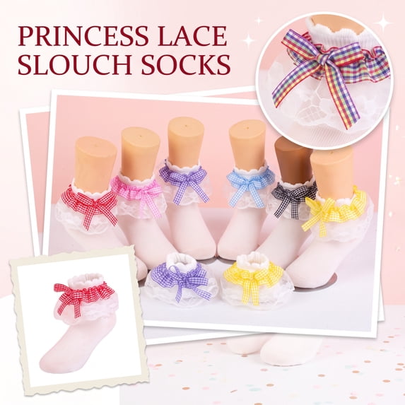 Kids Ruffle Socks for Girls Plaid Bow Lace Frilly Dress Sock Soft Cotton Turn Cuff Cute Princess Toddler Socks Party Gift*1pc