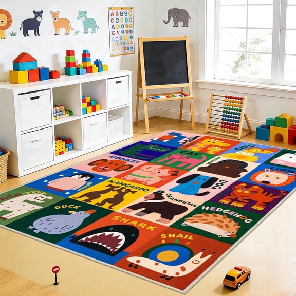 ORGOWEL Kids Play Rug Animal Alphabet Rug Educational Learning Area Rug Non-Slip Machine Washable Chlidren's Carpet for Playroom Bedroom Classroom Nursery ,20 Animals