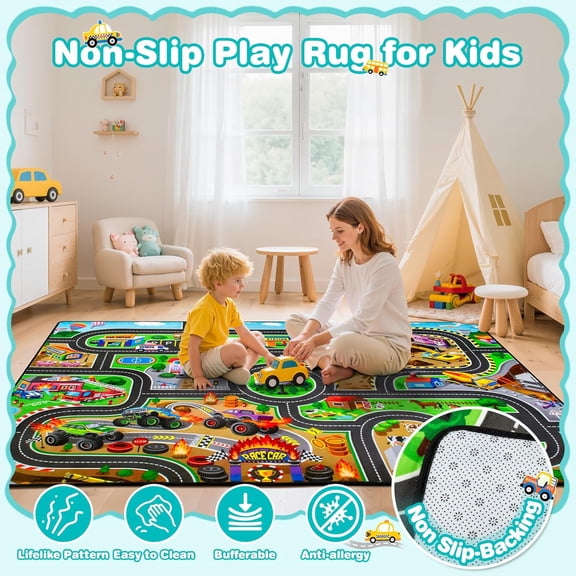 Kids Rug, 5x7 FT Non-Slip Monster Truck Play Rug, Extra Thick (0.4in), Educational Learning Traffic Road Car Carpet for Nursery, Classroom, Playroom & Bedroom