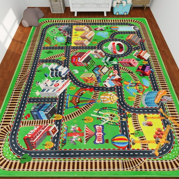 Kids Rug Car Rug for Toy Cars,City Life Road Traffic for Playroom Kid Car Road Rug Village Map Play Mat Non-Slip Washable Play Rug for Toddler Boy Family Tummy Time Playtime