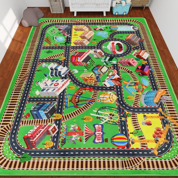 Kids Rug Car Rug for Toy Cars,City Life Road Traffic for Playroom Kid Car Road Rug Village Map Play Mat Non-Slip Washable Play Rug for Toddler Boy Family Tummy Time Playtime