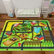 Kids Rug Car Rug for Toy Cars,Farm Life Road Traffic for Playroom Kid Car Road Rug Village Map Play Mat Non-Slip Washable Play Rug for Toddler Boy Family Tummy 