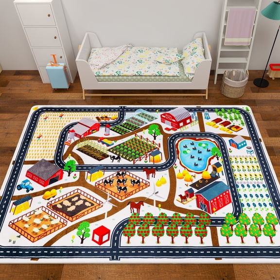 Kids Rug Car Rug for Toy Cars,Farm Life Road Traffic for Playroom Kid Car Road Rug Village Map Play Mat Non-Slip Washable Play Rug for Toddler Boy Family Tummy Time Playtime
