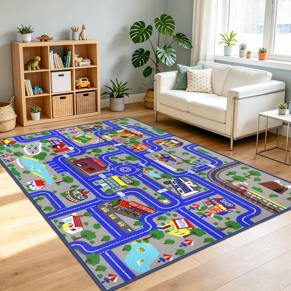ORGOWEL Kids Road Car Play Rug, Educational Traffic Map Area Rug Non-Slip Large Learning Carpet for Toddler Boys Bedroom Playroom Classroom,Dark Blue,59"x78.7"