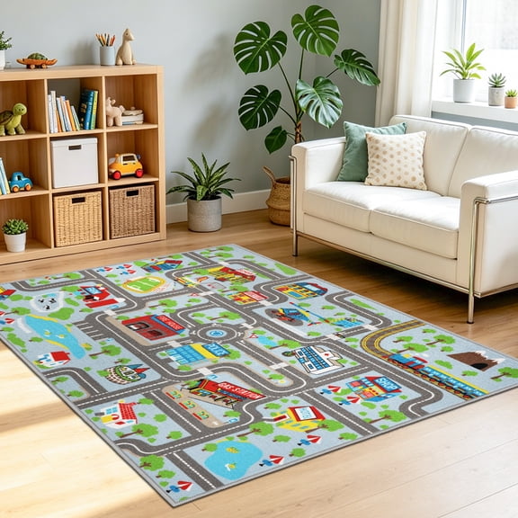 ORGOWEL Educational Kids Play Rug Educational Road Traffic Map Game Area Rug Non-Slip Large Washable Capet for Toddler Boys Bedroom Playroom Classroom,39.4"x63",Blue